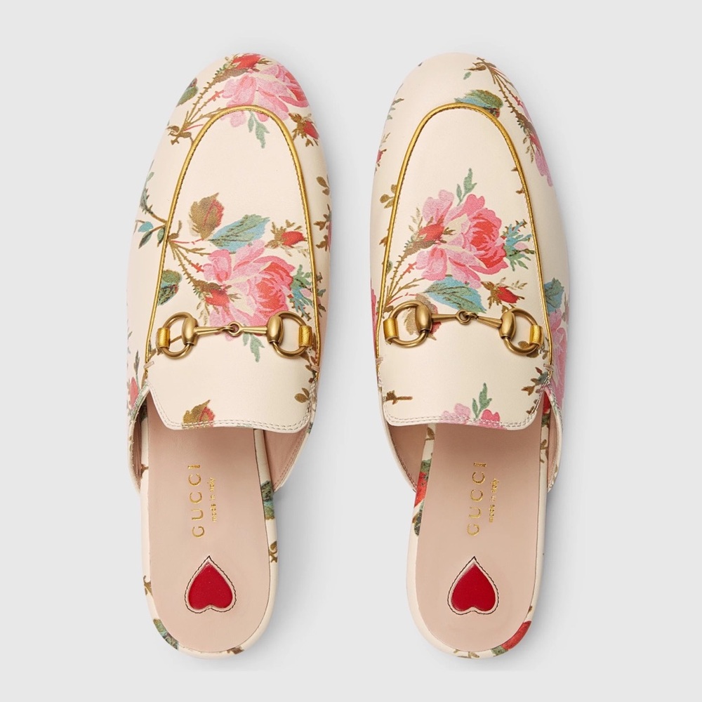 $990 Gucci Made in Italy Calfskin Stamp Allover Rose Princetown Mules Size 6